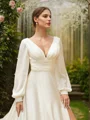 A-Line/Princess Satin Chiffon Ruched V-neck Long Sleeves Cathedral Train Wedding Dresses