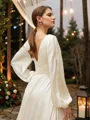 A-Line/Princess Satin Chiffon Ruched V-neck Long Sleeves Cathedral Train Wedding Dresses
