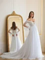 A-Line/Princess Tulle Applique Off-the-Shoulder Long Sleeves Chapel Train Wedding Dresses