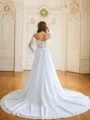 A-Line/Princess Tulle Applique Off-the-Shoulder Long Sleeves Chapel Train Wedding Dresses
