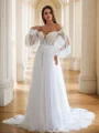 A-Line/Princess Tulle Applique Off-the-Shoulder Long Sleeves Chapel Train Wedding Dresses