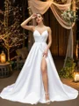A-Line/Princess Satin Ruffles V-neck Sleeveless Court Train Wedding Dresses