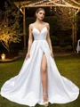 A-Line/Princess Satin Ruffles V-neck Sleeveless Court Train Wedding Dresses
