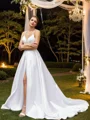 A-Line/Princess Satin Ruffles V-neck Sleeveless Court Train Wedding Dresses