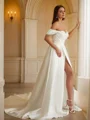 A-Line/Princess Satin Ruched Off-the-Shoulder Sleeveless Chapel Train Wedding Dresses