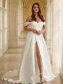 A-Line/Princess Satin Ruched Off-the-Shoulder Sleeveless Chapel Train Wedding Dresses