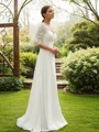A-Line/Princess Chiffon Lace V-neck 1/2 Sleeves Floor-Length Wedding Dresses