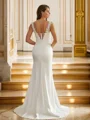 Sheath/Column Charmeuse Lace V-neck Sleeveless Sweep Train Wedding Dresses