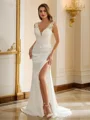 Sheath/Column Charmeuse Lace V-neck Sleeveless Sweep Train Wedding Dresses
