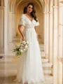 A-Line/Princess Tulle Lace V-neck Short Sleeves Floor-Length Wedding Dresses