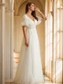 A-Line/Princess Tulle Lace V-neck Short Sleeves Floor-Length Wedding Dresses