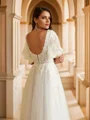 A-Line/Princess Tulle Lace V-neck Short Sleeves Floor-Length Wedding Dresses