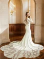 Sheath/Column Stretch Crepe Lace Scoop Long Sleeves Cathedral Train Wedding Dresses