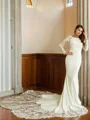 Sheath/Column Stretch Crepe Lace Scoop Long Sleeves Cathedral Train Wedding Dresses
