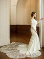 Sheath/Column Stretch Crepe Lace Scoop Long Sleeves Cathedral Train Wedding Dresses