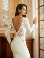Sheath/Column Stretch Crepe Lace Scoop Long Sleeves Cathedral Train Wedding Dresses
