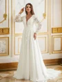 A-Line/Princess Tulle Lace V-neck Long Sleeves Court Train Wedding Dresses