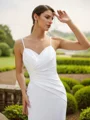 Sheath/Column Charmeuse Ruched V-neck Sleeveless Court Train Wedding Dresses