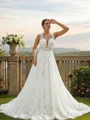 A-Line/Princess Tulle Lace Scoop Sleeveless Chapel Train Wedding Dresses