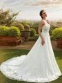 A-Line/Princess Tulle Lace Scoop Sleeveless Chapel Train Wedding Dresses