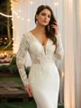 Sheath/Column Stretch Crepe Lace V-neck Long Sleeves Cathedral Train Wedding Dresses