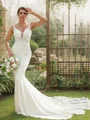Sheath/Column Stretch Crepe Lace V-neck Sleeveless Cathedral Train Wedding Dresses