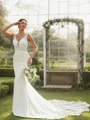 Sheath/Column Stretch Crepe Lace V-neck Sleeveless Cathedral Train Wedding Dresses