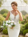 Sheath/Column Stretch Crepe Lace V-neck Sleeveless Cathedral Train Wedding Dresses