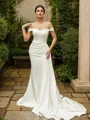 Sheath/Column Charmeuse Ruched Off-the-Shoulder Sleeveless Court Train Wedding Dresses