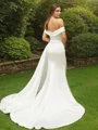 Sheath/Column Charmeuse Ruched Off-the-Shoulder Sleeveless Court Train Wedding Dresses