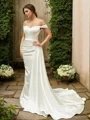 Sheath/Column Charmeuse Ruched Off-the-Shoulder Sleeveless Court Train Wedding Dresses