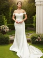 Sheath/Column Charmeuse Ruched Off-the-Shoulder Sleeveless Court Train Wedding Dresses