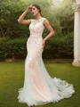 Sheath/Column Tulle Lace Scoop Sleeveless Court Train Wedding Dresses