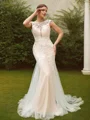 Sheath/Column Tulle Lace Scoop Sleeveless Court Train Wedding Dresses