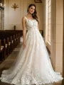 A-Line/Princess Tulle Applique Straps Sleeveless Court Train Wedding Dresses
