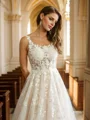 A-Line/Princess Tulle Applique Straps Sleeveless Court Train Wedding Dresses