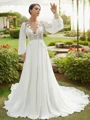 A-Line/Princess Chiffon Applique Scoop Long Sleeves Chapel Train Wedding Dresses