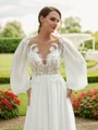 A-Line/Princess Chiffon Applique Scoop Long Sleeves Chapel Train Wedding Dresses