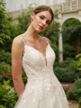 A-Line/Princess Tulle Applique V-neck Sleeveless Court Train Wedding Dresses