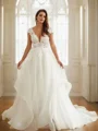 A-Line/Princess Organza Lace V-neck Short Sleeves Court Train Wedding Dresses