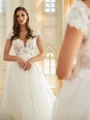 A-Line/Princess Organza Lace V-neck Short Sleeves Court Train Wedding Dresses