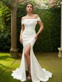Sheath/Column Stretch Crepe Ruched Off-the-Shoulder Sleeveless Sweep Train Wedding Dresses