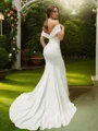 Sheath/Column Stretch Crepe Ruched Off-the-Shoulder Sleeveless Sweep Train Wedding Dresses