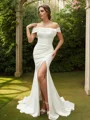 Sheath/Column Stretch Crepe Ruched Off-the-Shoulder Sleeveless Sweep Train Wedding Dresses