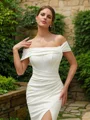 Sheath/Column Stretch Crepe Ruched Off-the-Shoulder Sleeveless Sweep Train Wedding Dresses