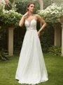 A-Line/Princess Chiffon Lace V-neck Sleeveless Sweep Train Wedding Dresses