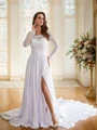 A-Line/Princess Satin Chiffon Lace Off-the-Shoulder Long Sleeves Cathedral Train Wedding Dresses
