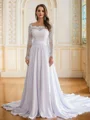 A-Line/Princess Satin Chiffon Lace Off-the-Shoulder Long Sleeves Cathedral Train Wedding Dresses