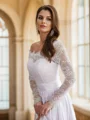 A-Line/Princess Satin Chiffon Lace Off-the-Shoulder Long Sleeves Cathedral Train Wedding Dresses