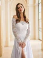 A-Line/Princess Satin Chiffon Lace Off-the-Shoulder Long Sleeves Cathedral Train Wedding Dresses